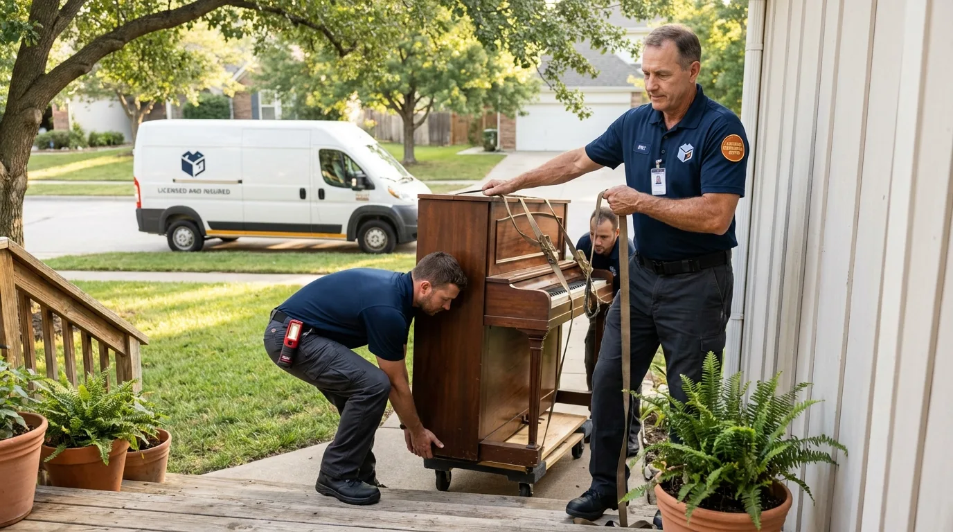 Licensed piano movers securing grand piano in Port Chester, NY