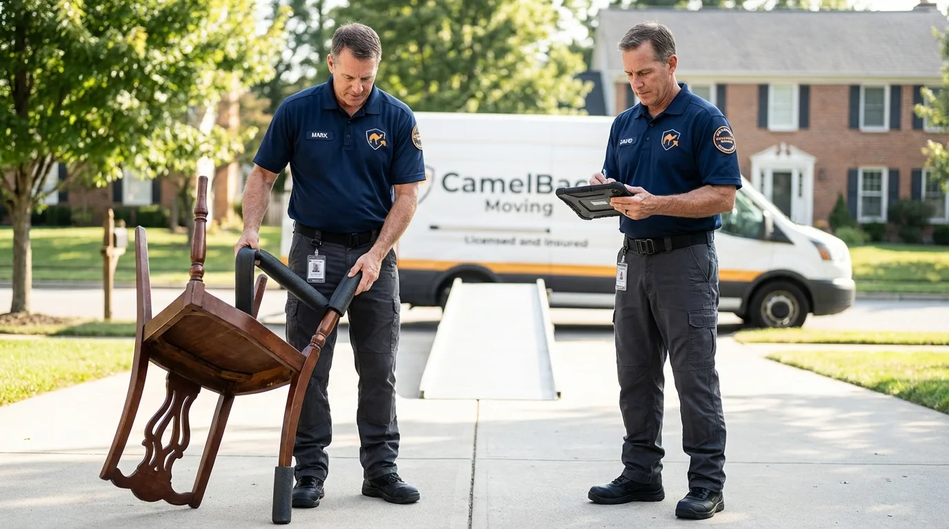 Movers inspecting furniture for damage prevention before loading in Port Chester, NY