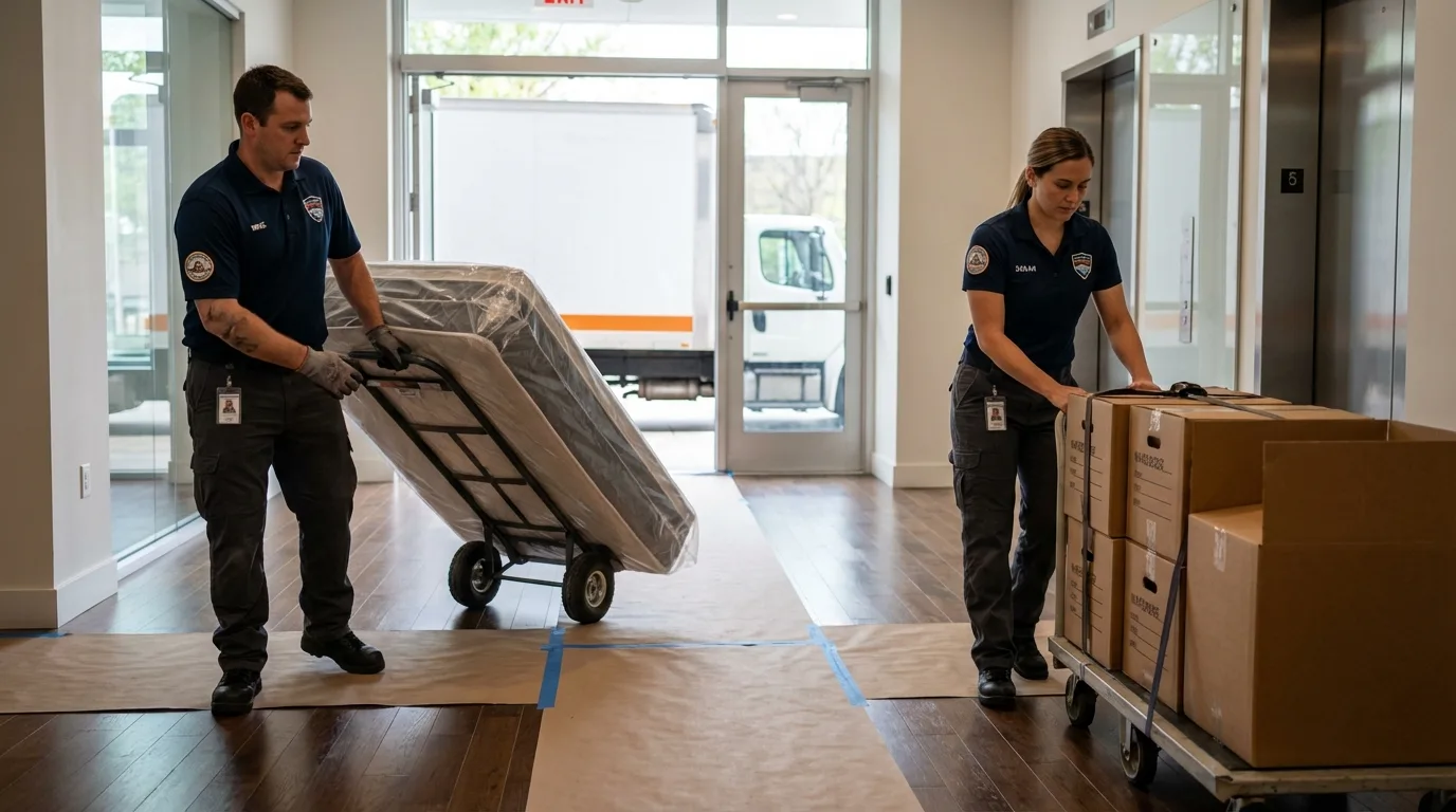 Professional apartment movers loading elevator in Port Chester, NY