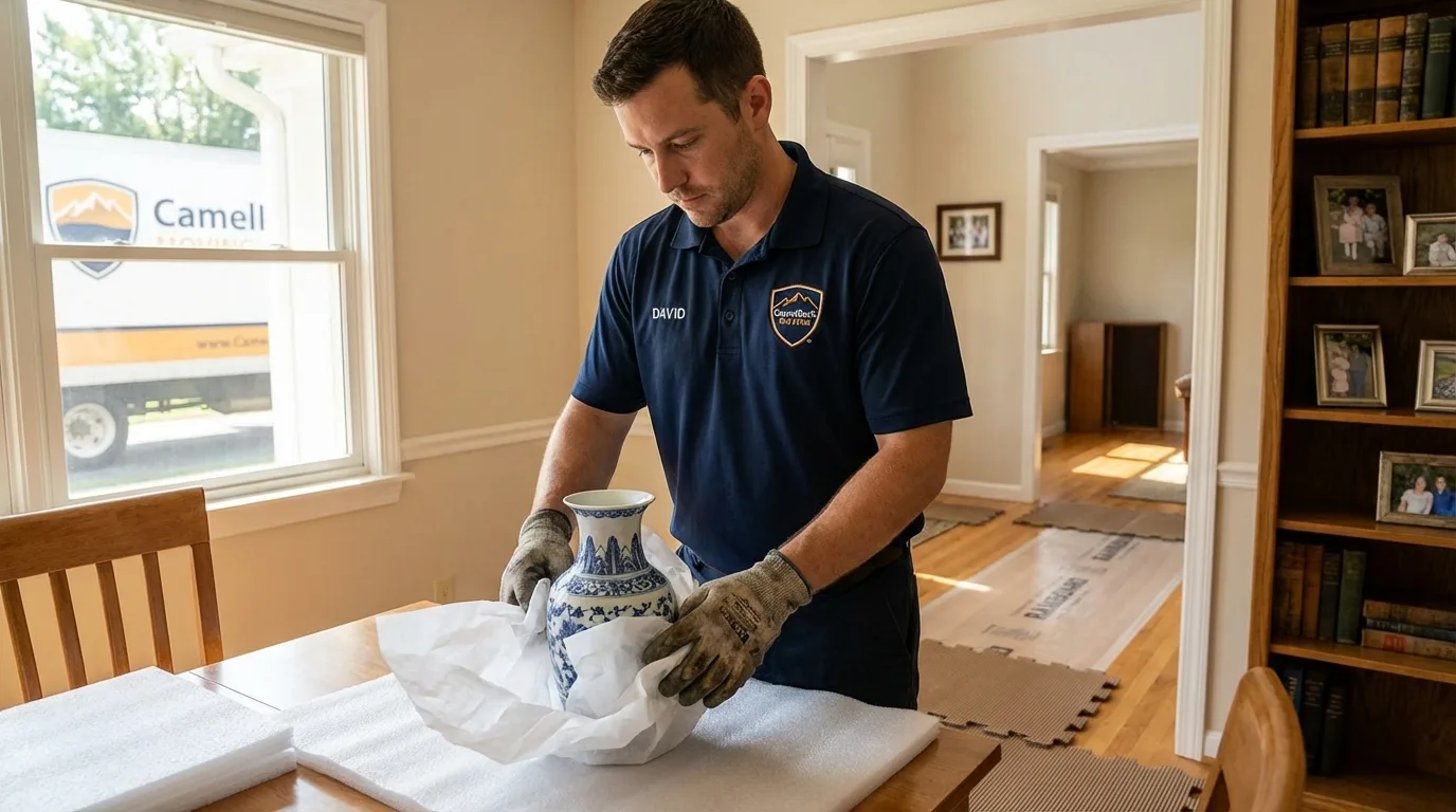 Professional crew carefully wrapping antique vase for senior downsizing move in Port Chester, NY